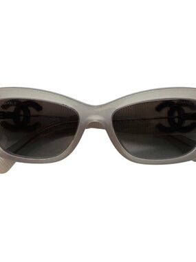 CHANEL MILKY GREY / SILVER CC LOGO FROSTED RECTANGULAR ACETATE SUNGLASSES